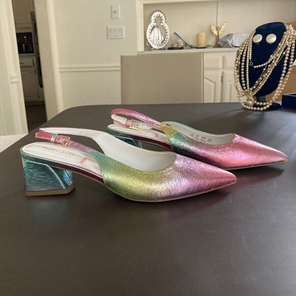 Franco Sarto Racer Slingback Block Heel Sz 7.5M Metallic Pink Blue Green Rainbow - Picture 3 of 16